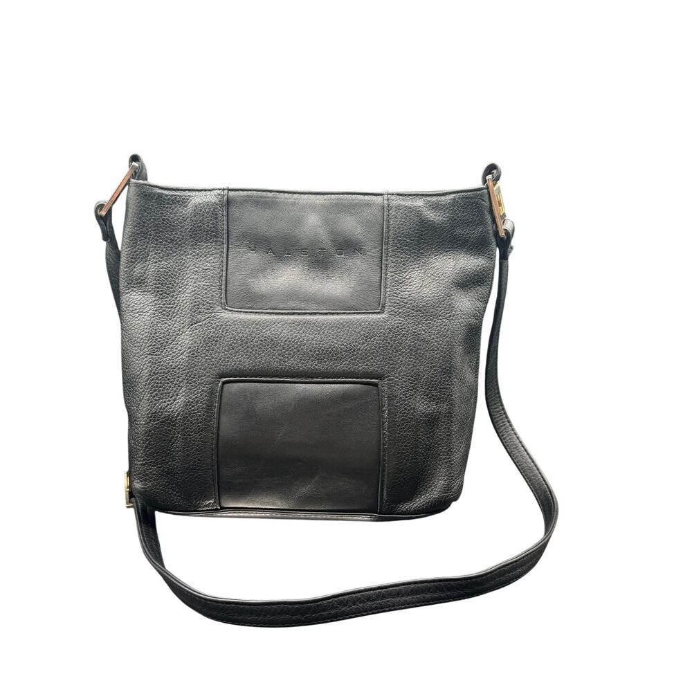 Halston Black Leather Crossbody Shoulder Bag Pebbled Leather Zip Top